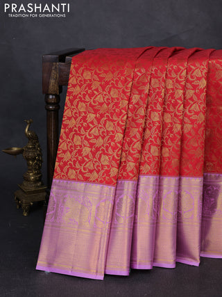 Kanchipuram silk saree red and lavender with allover zari woven brocade weaves and long zari woven border
