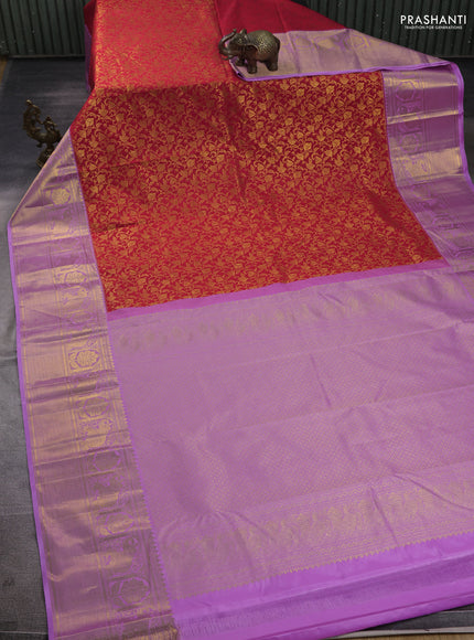 Kanchipuram silk saree red and lavender with allover zari woven brocade weaves and long zari woven border