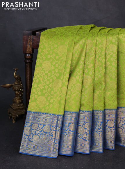 Kanchipuram silk saree light green and blue with allover zari woven brocade weaves and zari woven border