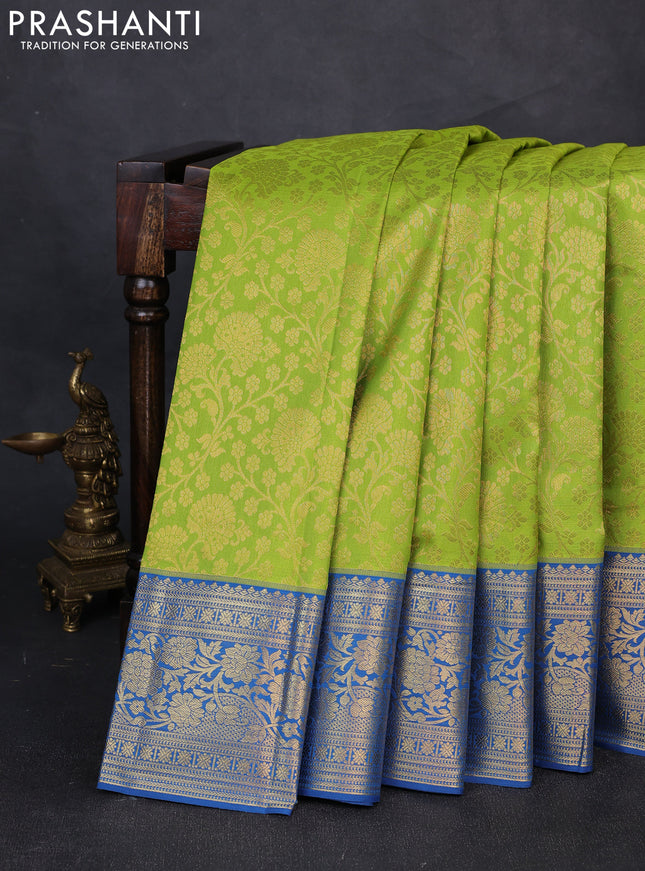 Kanchipuram silk saree light green and blue with allover zari woven brocade weaves and zari woven border