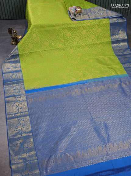 Kanchipuram silk saree light green and blue with allover zari woven brocade weaves and zari woven border