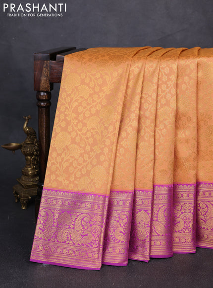 Kanchipuram silk saree pale orange and purple with allover zari woven brocade weaves and long zari woven border