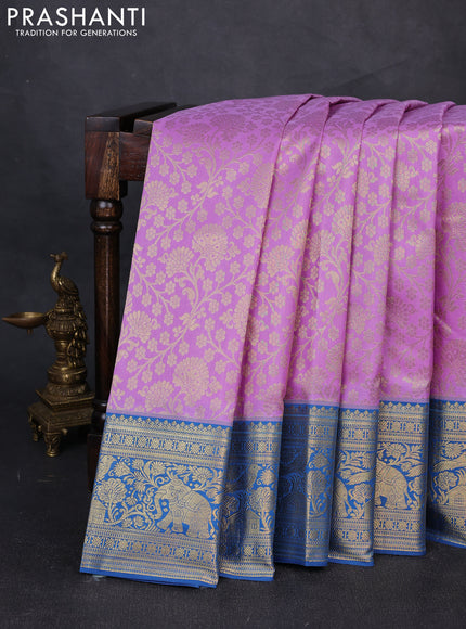 Kanchipuram silk saree lavender and blue with allover zari woven brocade weaves and zari woven border