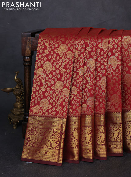 Kanchipuram silk saree maroon and deep maroon with allover zari woven brocade weaves and zari woven border