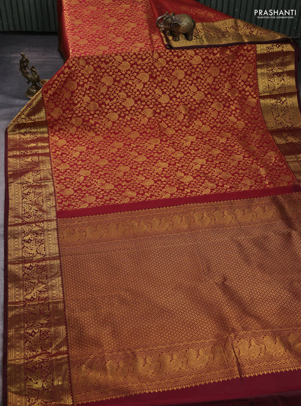 Kanchipuram silk saree maroon and deep maroon with allover zari woven brocade weaves and zari woven border