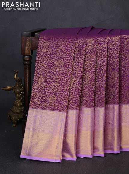 Kanchipuram silk saree purple and lavender with allover zari woven brocade weaves and long zari woven border
