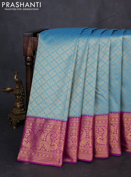 Kanchipuram silk saree blue and purple with allover zari woven brocade weaves and long zari woven border
