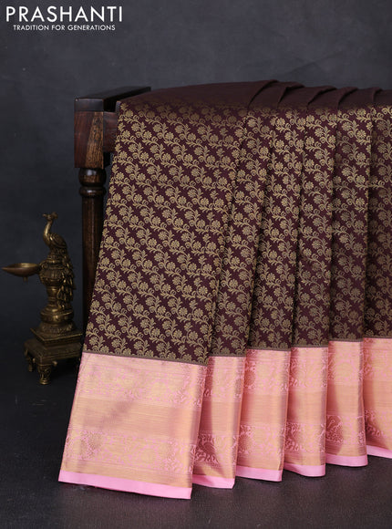 Kanchipuram silk saree coffee brown and light pink with allover zari woven brocade weaves and rich zari woven border