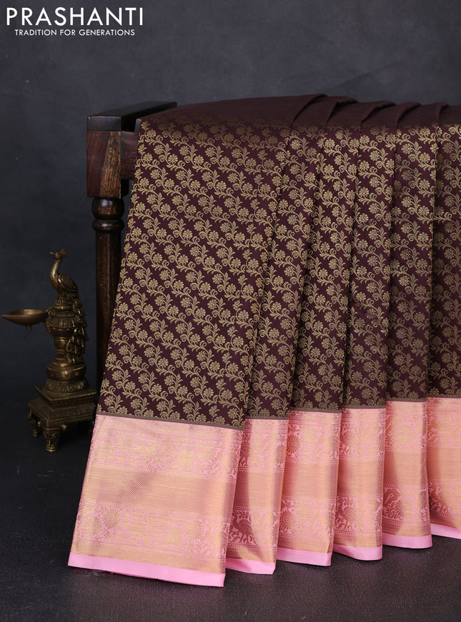 Kanchipuram silk saree coffee brown and light pink with allover zari woven brocade weaves and rich zari woven border