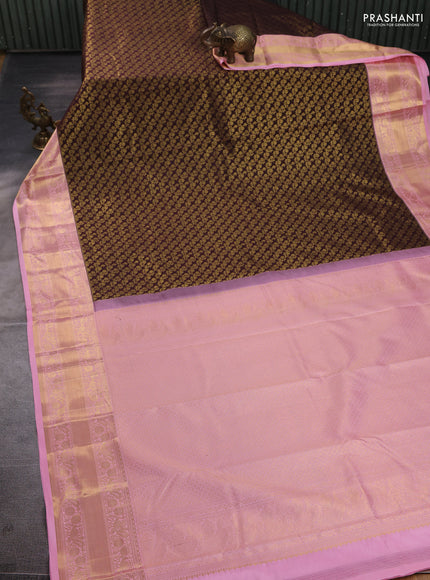 Kanchipuram silk saree coffee brown and light pink with allover zari woven brocade weaves and rich zari woven border