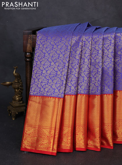 Kanchipuram silk saree pastel violet and red with allover zari woven brocade weaves and long zari woven border