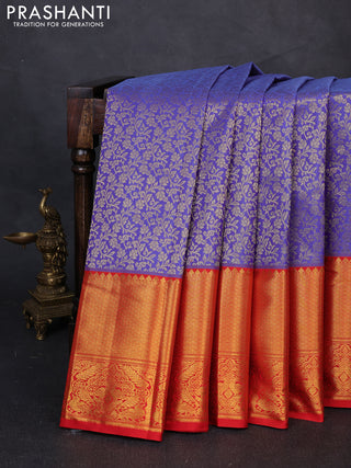 Kanchipuram silk saree pastel violet and red with allover zari woven brocade weaves and long zari woven border