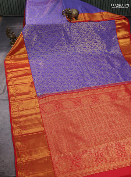 Kanchipuram silk saree pastel violet and red with allover zari woven brocade weaves and long zari woven border