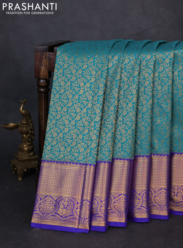 Kanchipuram silk saree teal green and violet with allover zari woven brocade weaves and zari woven border