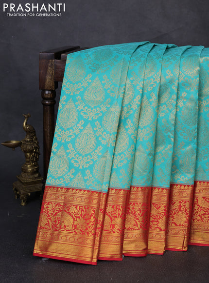 Kanchipuram silk saree teal green and red with allover zari woven brocade weaves and zari woven border
