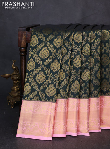 Kanchipuram silk saree bottle green and light pink with allover zari woven brocade weaves and rich zari woven border
