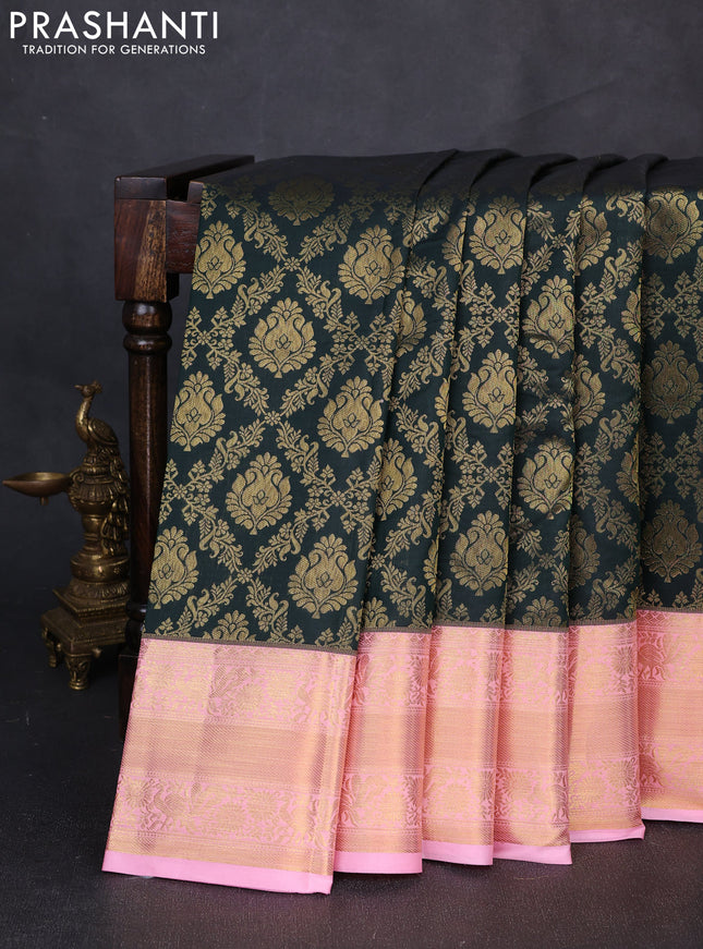 Kanchipuram silk saree bottle green and light pink with allover zari woven brocade weaves and rich zari woven border