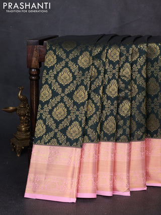 Kanchipuram silk saree bottle green and light pink with allover zari woven brocade weaves and rich zari woven border