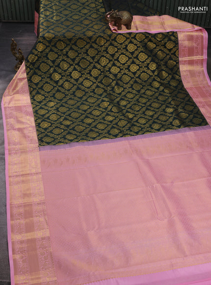 Kanchipuram silk saree bottle green and light pink with allover zari woven brocade weaves and rich zari woven border