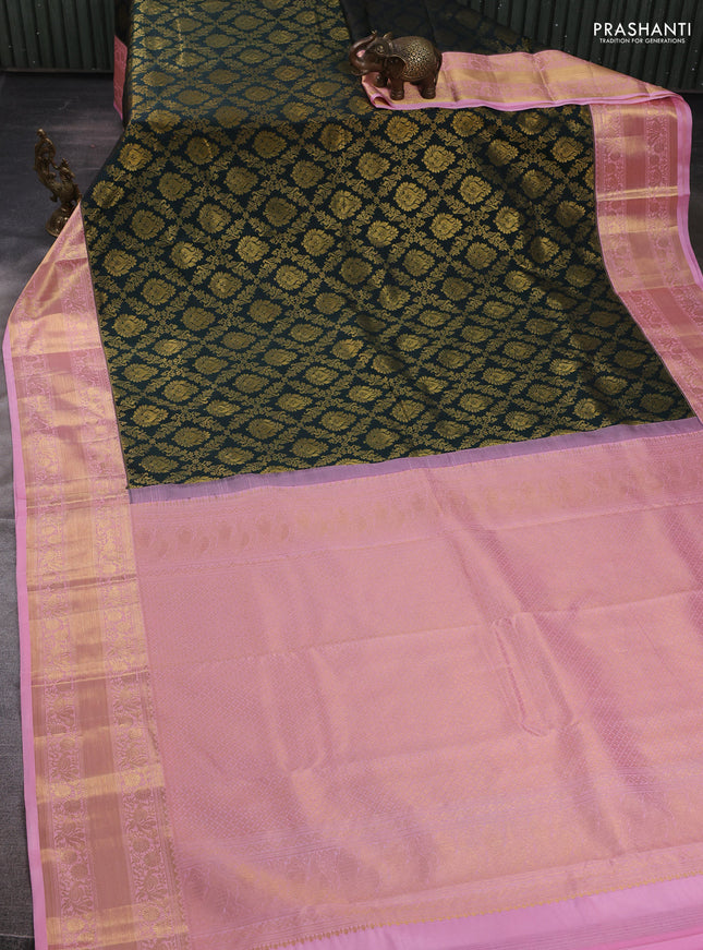 Kanchipuram silk saree bottle green and light pink with allover zari woven brocade weaves and rich zari woven border