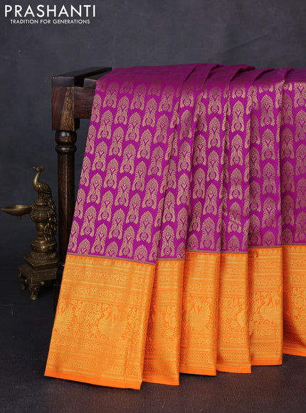 Kanchipuram silk saree purple and orange with allover zari woven brocade weaves and long zari woven border