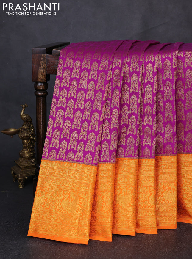 Kanchipuram silk saree purple and orange with allover zari woven brocade weaves and long zari woven border