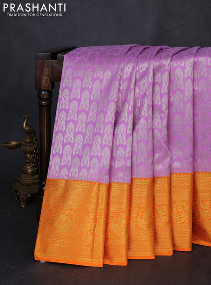 Kanchipuram silk saree lavender and orange with allover zari woven brocade weaves and zari woven border