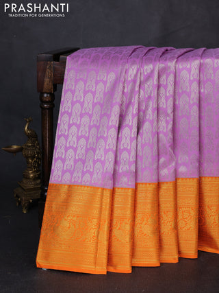 Kanchipuram silk saree lavender and orange with allover zari woven brocade weaves and zari woven border