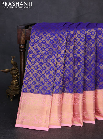 Kanchipuram silk saree blue and light pink with allover zari woven brocade weaves and rich zari woven border