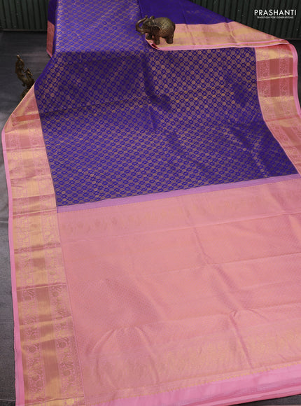 Kanchipuram silk saree blue and light pink with allover zari woven brocade weaves and rich zari woven border