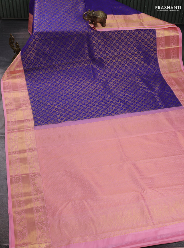Kanchipuram silk saree blue and light pink with allover zari woven brocade weaves and rich zari woven border