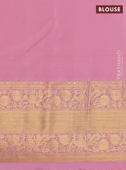 Kanchipuram silk saree blue and light pink with allover zari woven brocade weaves and rich zari woven border