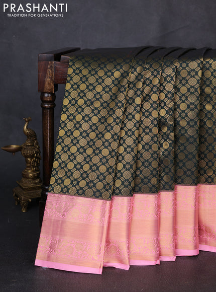 Kanchipuram silk saree bottle green and light pink with allover zari woven brocade weaves and long zari woven border