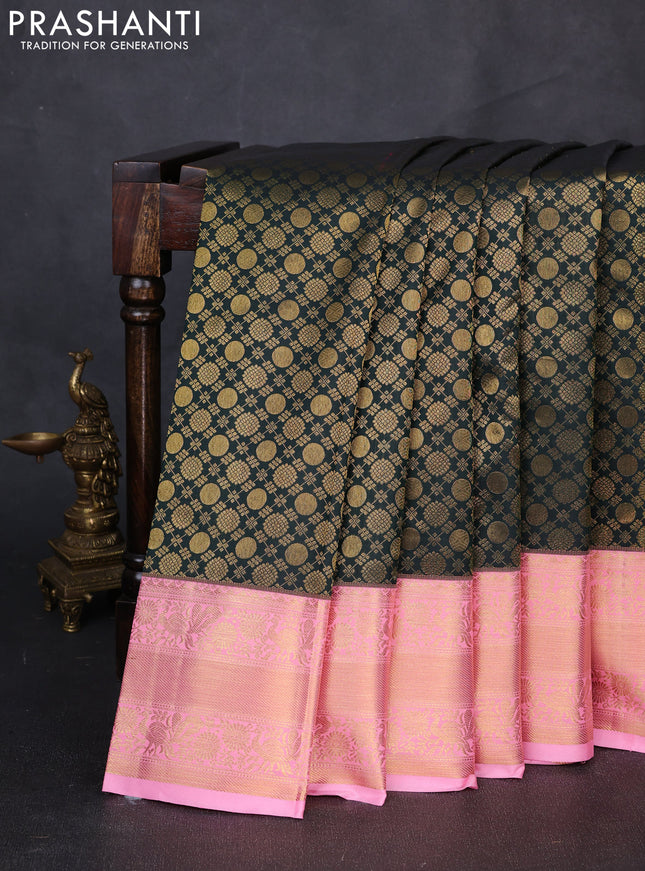 Kanchipuram silk saree bottle green and light pink with allover zari woven brocade weaves and long zari woven border