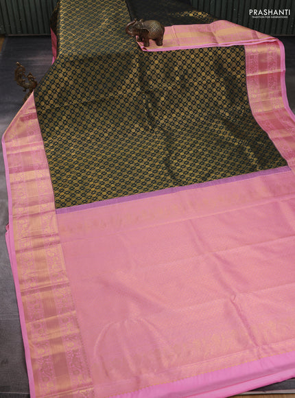 Kanchipuram silk saree bottle green and light pink with allover zari woven brocade weaves and long zari woven border
