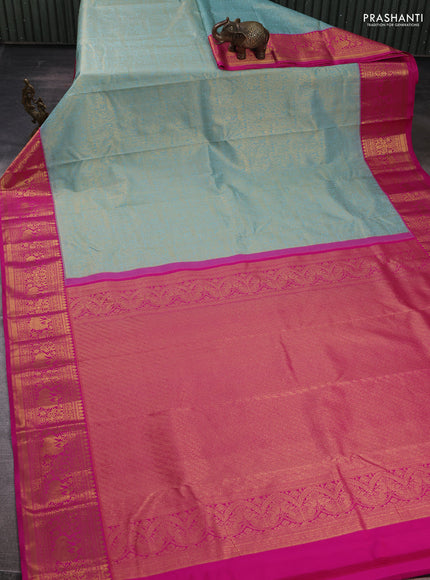 Kanchipuram silk saree tela blue and pink with allover zari woven brocade weaves and zari woven border