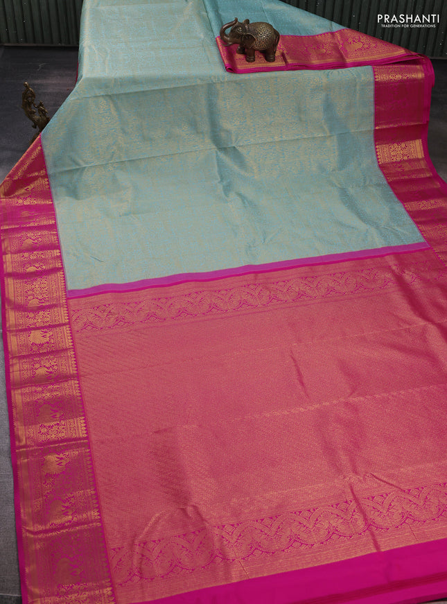 Kanchipuram silk saree tela blue and pink with allover zari woven brocade weaves and zari woven border