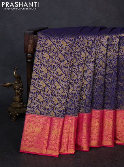 Kanchipuram silk saree navy blue and pink with allover zari woven brocade weaves and zari woven border