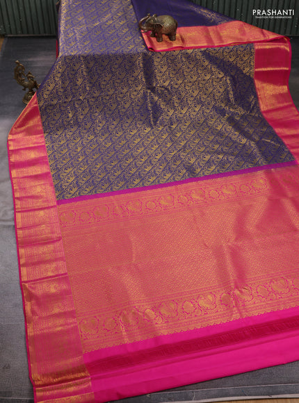 Kanchipuram silk saree navy blue and pink with allover zari woven brocade weaves and zari woven border