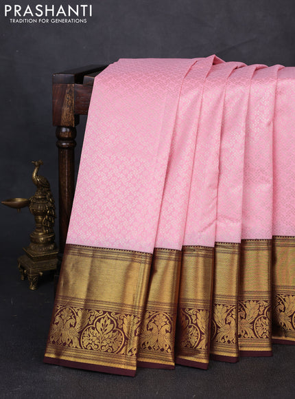 Kanchipuram silk saree light pink and coffee brown with allover zari woven brocade weaves and long rich zari woven border