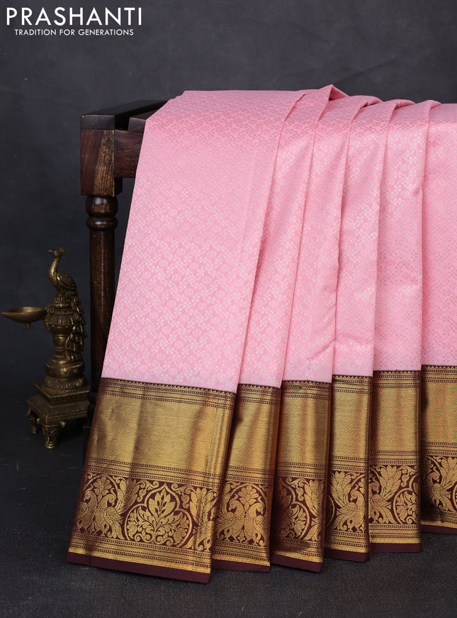 Kanchipuram silk saree light pink and coffee brown with allover zari woven brocade weaves and long rich zari woven border