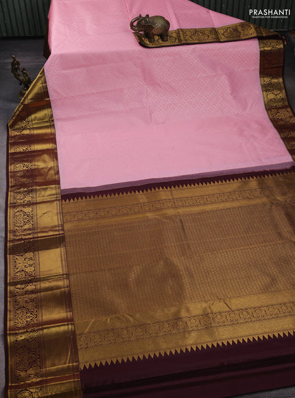 Kanchipuram silk saree light pink and coffee brown with allover zari woven brocade weaves and long rich zari woven border