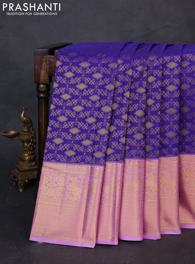 Kanchipuram silk saree violet and lavender with allover zari woven brocade weaves and long zari woven border