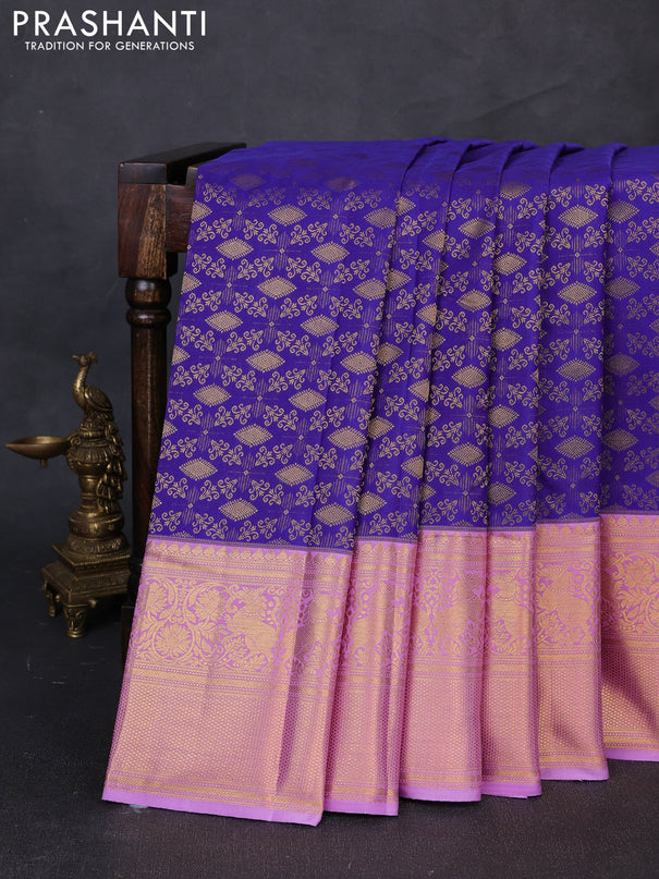 Kanchipuram silk saree violet and lavender with allover zari woven brocade weaves and long zari woven border