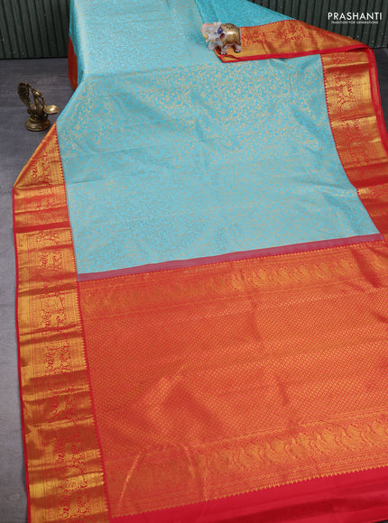Kanchipuram silk saree teal blue and red with allover zari woven brocade weaves and zari woven border