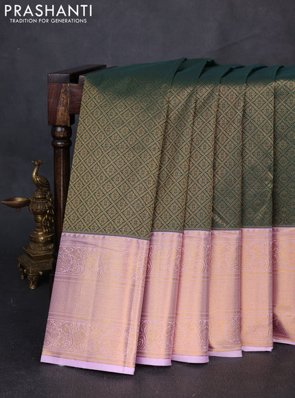Kanchipuram silk saree bottle green and lavender with allover zari woven brocade weaves and long zari woven border