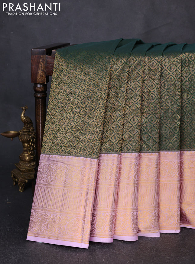 Kanchipuram silk saree bottle green and lavender with allover zari woven brocade weaves and long zari woven border