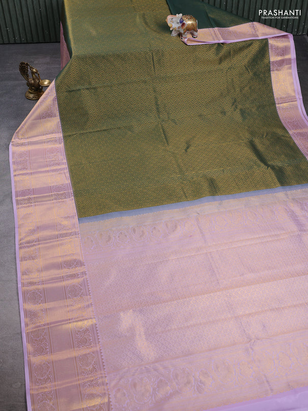 Kanchipuram silk saree bottle green and lavender with allover zari woven brocade weaves and long zari woven border