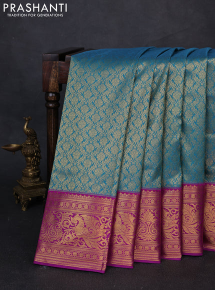 Kanchipuram silk saree teal blue and purple with allover zari woven brocade weaves and zari woven border
