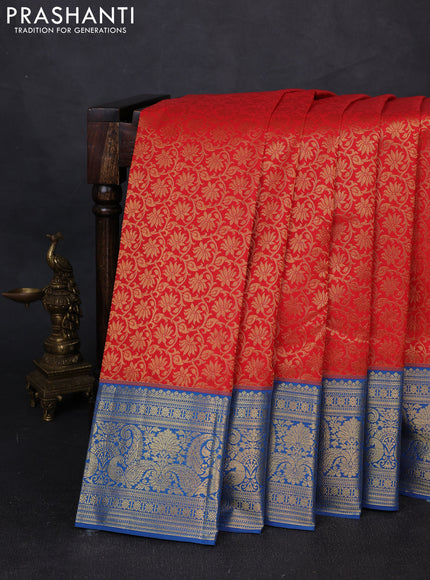 Kanchipuram silk saree red and cs blue with allover zari woven brocade weaves and zari woven border